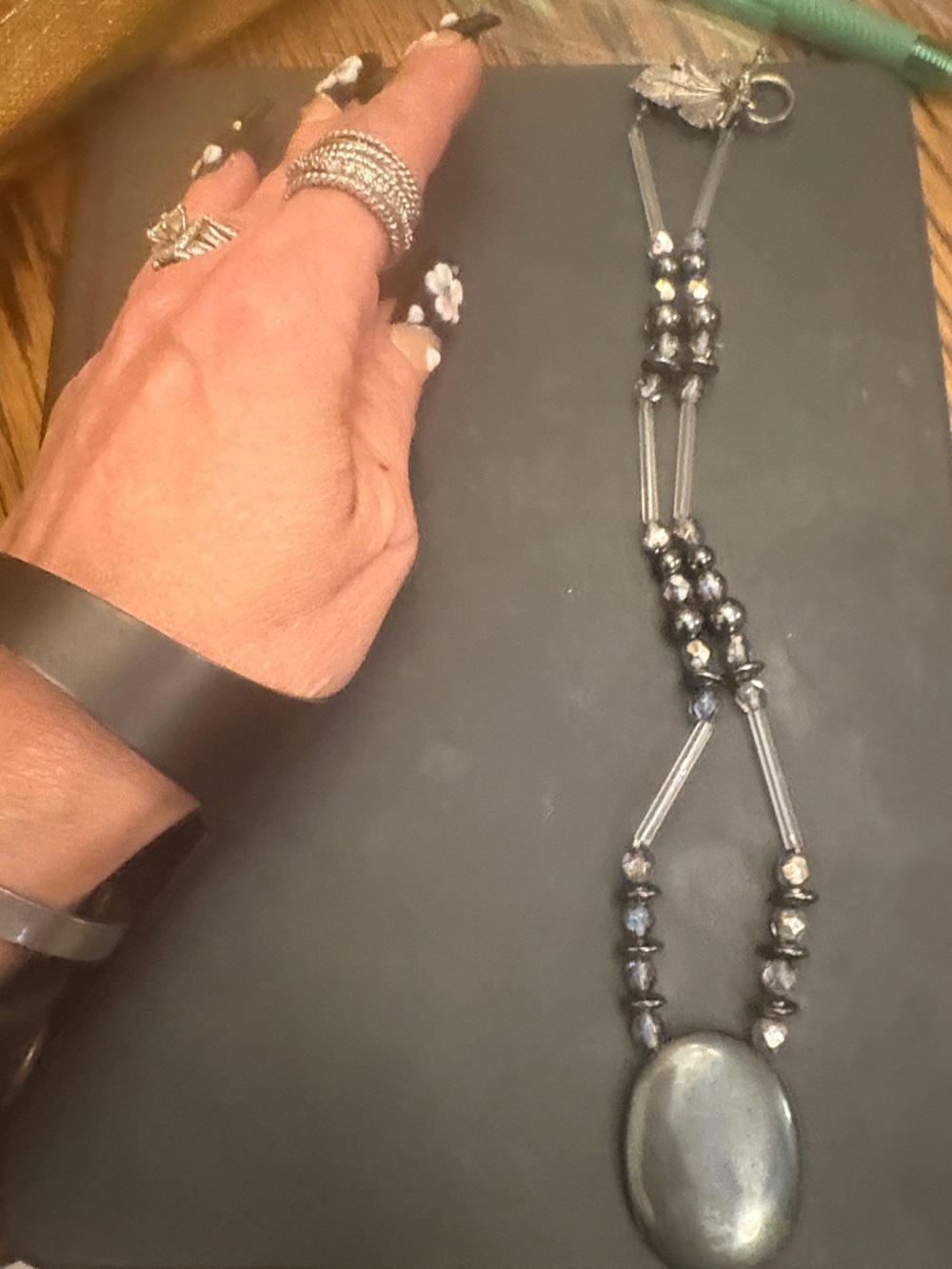 Hand made: Genuine Hematite Stone Pendant w/ magnetic,iridescent & clear beads